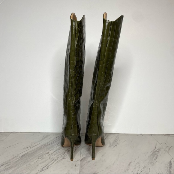 Schutz Maryana Military Green Crocodile Embossed Leather Tall Heeled Boot 5B - Picture 3 of 15